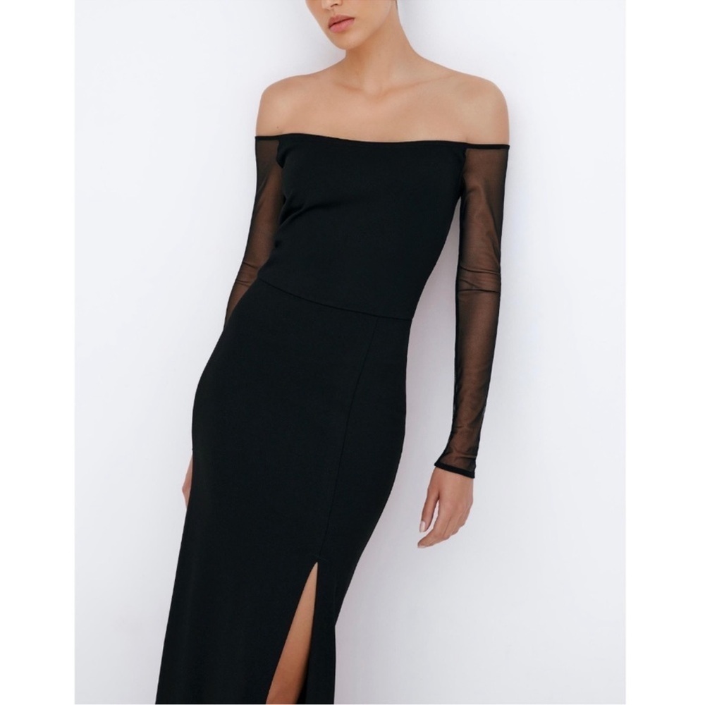 NWOT Marcella NYC Mesh Sleeves Long Evening Black Marian gown M - Picture 2 of 7